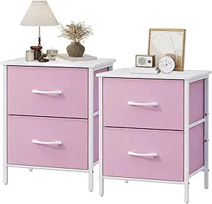Stero Nightstand Set of 2, Kids Dresser with 2 Drawers, Steel Frame Bedside Furniture, Wood Top Fabric Night Stand, Colorful End Table for Home, Bedroom, Office, Pink