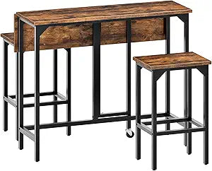CHOEZON Bar Table and Stool Set, 39.4'' Folding Dining Table with 2 Stools, Industrial Style, for Restaurant, Living Room, Pub, Rustic Brown and Black TBT02BF