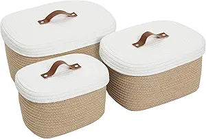 Cottonphant Set of 3 Stylish Large Rectangular Woven Baskets with Lids - Elegant Storage Solution for Home Decor and Organization, Beige/White Lid