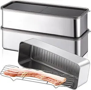 Hushee 3 Set 304 Stainless Steel Containers for Fridge with Removable Drain Tray 60 oz Rectangular Airtight Food Container with Lids for Fruit Bacon Deli Meat Storage(10.43 x 3.94 x 2.76 Inch)