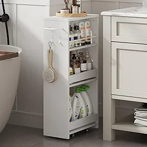 ChooChoo 4-Tier Bathroom Storage Cart, 7.87 inches Wide Narrow Storage Cabinet with 360 Wheels and 2 Hooks, Laundry Room Storage Organizer for Kitchen, Narrow Places, Living Room, White
