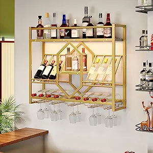HOOBRO Wall Mounted Wine Rack with LED Light, 31.5" Wine Shelf, 3 Tier Wine Bottle Display Shelf with Glass Holder, Hanging Bar Liquor Storage Rack, for Kitchen, Bar, Gold and White DW73DBJ01