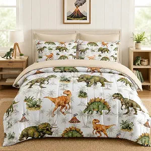 Nesker Comforter Set Twin Size,Dinosaur Palm Tree5 Pcs Bedding for Kids and Adults,Green Dino Palm Leaf Bed Sheet Sets with Fitted Sheet Pillowcase & Sham