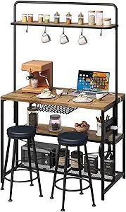 GAOMON 42" Kitchen Island Table Baker Rack with Power Outlet & 2 Bar Stools, Kitchen Storage Shelf with 3-Tier Storage & 5 Hooks, Microwave Stand Coffee Bar Table for Dining Living Room (Natural)