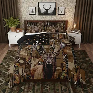 jejeloiu Deer Hunting Camo Comforter Set Full Size American Flag Bedding Set Rustic Farmhouse Cabin Lodge Duvet Quilt for Kids Boys Girls Bedroom Wildlife Decor Microfiber Ultra Soft Breathable