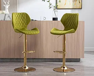 Shunzhi Modern Green Swivel Bar Stools Set of 2 Adjustable Velvet Counter Height Barstools with Gold Metal Base/Back Bar Chairs Kitchen Island Stools for Home Bar/Dining Room