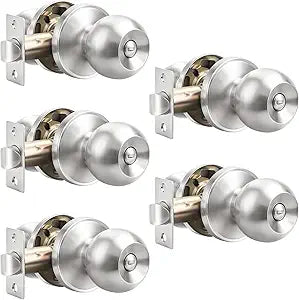 Probrico(5 Pack Bed/Bath Room Round Door Knob,Privacy Function for Bathroom/Bedroom,Interior Door Door Lock Handle Satin Nickel Finish, Keyless(Thumb Turn Lock on The Inside) Door Handles Locks