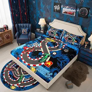Castle Fairy Racing Car Bed Sheet Set Twin,Cartoon Race Car 3D Racing Track Soft Microfiber Sheet Set for Bedroom Decor,Abstract Tie-Dyed Wheel Print Fitted Sheet + Flat Sheet + 1 Pillow Case
