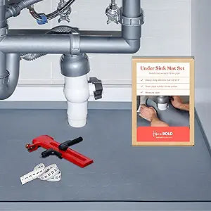 3 in 1 SET: Under Sink Mat with Cutout for Pipes - Cut to Size Under Sink Mat 34x22'' - Cut to Fit Sink Mats - Waterproof Under Kitchen Sink Mats and Protectors - Under Sink Silicone Mat