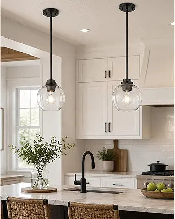 Pendant Lights Kitchen Island 2 Pack, 7" Modern Black Hanging Lights Fixtures with Clear Glass Globe Shade, Kitchen Island Lighting for Bathroom, AD-22280-1P2-BK-C