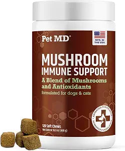 Pet MD Mushroom Immune Support for Dogs & Cats - Turkey Tail Mushroom Immune Support Supplement - Milk Thistle with CoQ10 for Dogs & Cats - Immunity Supplement for Pets - 120 Chews