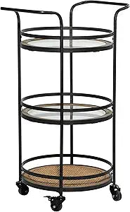 Deco 79 Metal Rolling 1 Rattan and 2 Glass Shelves Bar Cart with Handles, 21" x 16" x 35", Brown