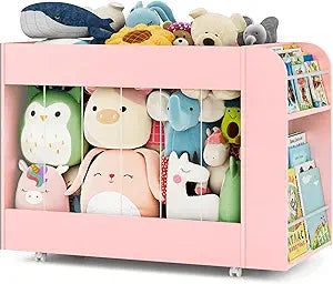Kids Toy Storage Organizer with Drawing Chalkboard, Toy Storage Box with Stuffed Animal Storage and 2-Tier Kids Bookshelf, Toy Organizer Chest with 360 Wheels for Playroom, Nursery, Bedroom, Pink