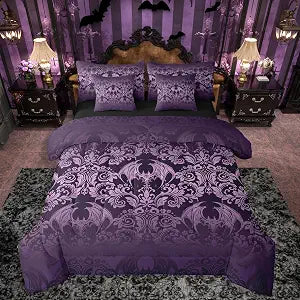Feelyou Adults Gothic Damask Print Bedding Set Purple Goth Bat Victorian Floral Comforter Set 7 Pieces Comforters Queen Size Boho Bohemian Exotic Bed in a Bag