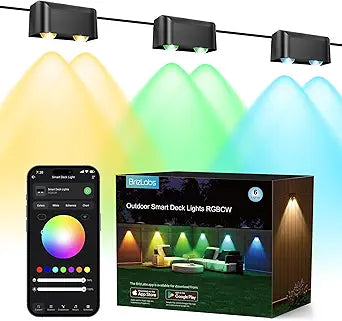 BrizLabs Smart Deck Lights, 6 Lamps RGBCW Outdoor 4th of July Fence Lights Work with Alexa & Google Home, Red White Blue Deck Light APP Controlled, Rainbow WiFi Fence Light Music Sync for Yard Garden