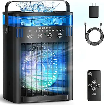 Portable Air Conditioners, Mini Air Conditioner Portable Cooling Fan with Remote Control, 3 Wind Speed & 3 Mist Level & 2-8H Timer & 7 LED Light Evaporative Air Cooler for Home Office Room, Black