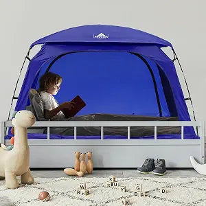 Twin Bed Tent for Boys' Healthier Sleep & Privacy, Blue | 70% Blackout for Restful Sleep, Mesh Top & Floor Boost Airflow, Built-in Fan Pockets, 3 Doors, CPC Certified Safe