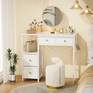 3IngSeagulls White Vanity Desk Without Mirror, Small Makeup Desk with 4 Fabric Drawers, 33.5 Inches Dressing Table with Storage, Vanity Table for Bedroom with Hook, White