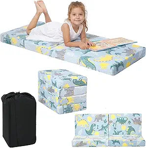 MeMoreCool Foldable Floor Mattress for Kids, Glow Dinosaur Trifold Mat, Kids Folding Mattress Portable Futon, Blue