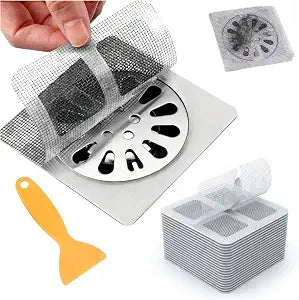 50 PCS Disposable Shower Drain Hair Catcher with Scraper, 3.94 Inch Square Drain Mesh Stickers for Bathroom, Sink & Bathtub, Waterproof Human & Pet Hair Filter, Helps Block Insects & Drain Bugs