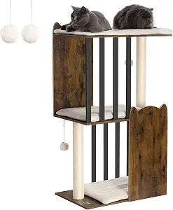 FourFurPets 43.8in 3-Tier Modern Cat Tree Tower Condo, Cat Scratch Posts for Indoor Cats, Big Plate, Two 19.7in Full Sisal Scratching Posts, Rustic Brown