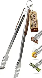 17-Inch Grill Tongs, Heavy Duty 304 Stainless Steel BBQ Tongs, Extra-Long Locking Grilling Tongs for Outdoor Grill & Smoker, Walnut Handle, Gift Pouch