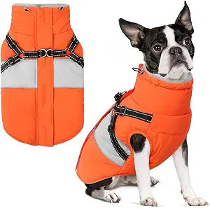 Small Dog Coat with Harness Built in, Warm Dog Jacket Winter with Zipper On Back, Waterproof Pet Snow Jacket Snowsuit Pet Sweater Clothes for Schnauzer, Yorkshire Terrier, Orange S