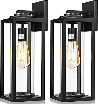 FILIYANO 16inch Large Outdoor Wall Lights - 2 Packs Modern Black Exterior Light Fixture with Clear Glass Shade, Waterproof Porch Lighting for House, Farmhouse Sconces Lantern for Front Door, Garage