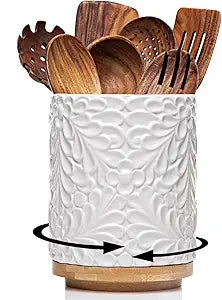 Extra Large 360 Rotating Utensil Holder for Kitchen Counter, 8.3 Cooking Utensil Holder for Countertop with Bamboo Base, White Ceramic Utensil Crock Canister for Cooking Utensils - Engraved Design