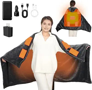 Cordless Heated Blanket with Hood, USB Battery Powered Heated Wearable Blanket with 9 Heating Zones, 20000 mAh Power Bank, 3 Levels, Portable Heated Throw Blanket, Heated Shawl (Warm Cozy Gray)