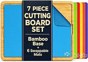 Bamboo Cutting Board Set with 6 Color Coded Flexible Mats Food Icons, BPA-Free Non Slip Easy Clean Cutting Boards for Kitchen with Holder, Dishwasher Safe, Meal Prep & Serving, Large | Cooler Kitchen