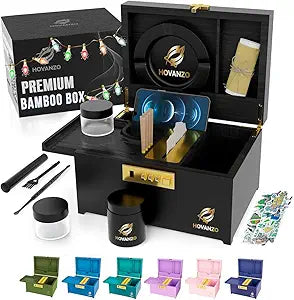 HOVANZO Upgraded Premium Large Bamboo Box - Locking Storage Decorative Box with Combination Lock - Wood Kit with lid - Wooden Locking Storage with Removable Tray and Jars