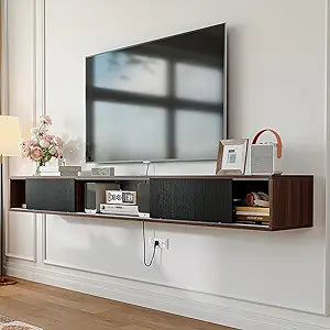 47 in Plywood Floating TV Stand with Sliding Doors, Modern Wall Mounted Media Console for Bedroom & Small Living Room, Space-Saving Entertainment Center with Wire Holes,Walnut