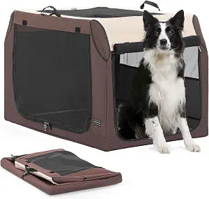 PETSFIT Portable Dog Crate, Soft Sided Dog Crate - 36 Inch Sturdy Adjustable Structure, Easy to Set Up, Collapsible Dog Car Kennel, Light Tough with 3 Mesh Doors Brown