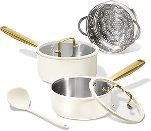 CAROTE 1.5Qt & 3.0Qt Stainless Steel Saucepan Set with Steamer & Ladle, Non-Toxic 3-Ply Pot with Lids, Small Pots for Cooking, Oven Safe, Induction Compatible Cookware