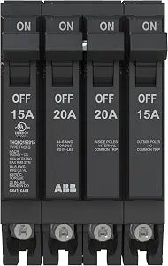 ABB Q-Line THQLQ152015 Quad Circuit Breaker 15A/1P, 20A/2P, 15A/1P Configuration 120/240 VAC 10 kAIC Interrupt Rating Thermal Magnetic Plug-On Breaker for Load Centers