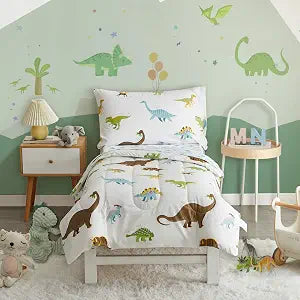 4 Pieces Toddler Bedding Set Dinosaur with Colorful Dinos and Monsters Toddler Comforter Sheet Set for Autumu and Winter Includes Comforter, Flat Sheet, Fitted Sheet and Pillowcase White