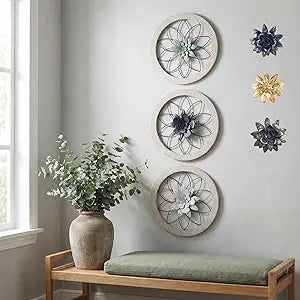AIM & GGKK 3 Piece Round Farmhouse Wall Decor Set with Interchangeable Metal Flower, 12 Inch Rustic Wall Art for Living Room, Kitchen, Dining Room, Bedroom Modern Farmhouse Style