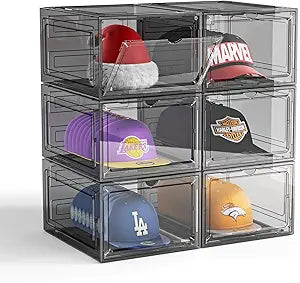 Hat Organizer Box for Baseball Caps, 6 Pack Plastic Hat Storage Display Case with Magnetic Door, Hat Holder Rack for Closet, Snapback Organizer, Hold 8 Caps Each, Black