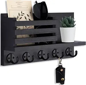 Lwenki Key Holder for Wall Decorative Wooden Mail Holder and Key Shelf with Mounting Hardware, Installation Guide Paulownia Wood with Metal Key Hooks (Black, Large - 11.8inch)