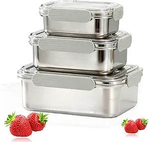 Stainless Steel Food Storage Containers with Leak-Proof Latching Lid, Reusable Bento Lunch Box for Snacks & Meal Prep, Oven/Dishwasher/Freezer Safe, Silver, Combo(22/44/82oz)
