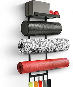 Yoga Mat Holder Wall Mount, Home Gym Storage Rack with Top Floating Shelf, 4-Tiers Holding Yoga Mat/ Blocks/ Rollers and Decorations, 5 Hooks for Resistance Bands, Skipping-Rope, Small Gym Equipment