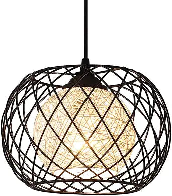 Black Metal Cage Rattan Pendant Light,Modern Farmhouse Boho Spherical Hanging Light Fixture, Woven Wicker Shade Kitchen Island Pendant Lighting for Dining Room Bar