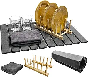 Large Stone Dish Drying Mat for Kitchen Counter, Collapsible Marbled Quick-Dry Diatomaceous Earth Mat with Dish Rack and Towel, Versatile Drying Mats for Kitchen Utensils (Dark Gray 23.6"15.4")