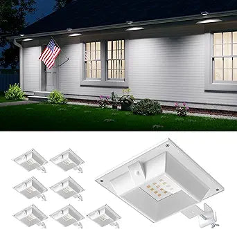 8 Pack White Solar Powered Gutter Lights Outdoor Decorative Waterproof 12 LEDs Yard Lamp for Lighting Fence, Railing, Outside Wall, Deck, Garden, Path, Backyard, Walkway, Patio, Holeless Installation