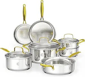 Stainless Steel Cookware Set, Tri-Ply Pots and Pans Set, 26 Piece Kitchen Cooking Utensils Set with Lids, Gold Grip Handles, Induction, Oven, Non-Toxic, Dishwasher Safe, Professional Chef Quality
