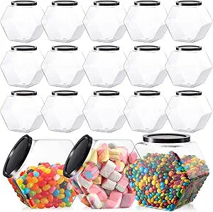 Bokon 18 Pcs 30 oz Plastic Candy Jars with Lids, Hexagon Shaped Cookie Container Bulk for Wedding, Bridal Shower, Clear Wide Mouth Treat Storage Boxes for Dry Food, Snacks, Candy Buffet, Paper Stars