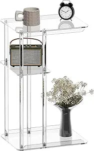 HMYHUM Clear Acrylic Side Table, C Shaped End Table for Sofa, Small Snack Tables for Living Room, Bedroom, Bathroom, 3 Tiers