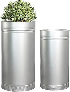 Worth Garden Galvanized Steel Planter 2-Pack - Large:28"x14.5" & Small:24"x12" - Tall Metal Plant Pots - Large Handcrafted Decoration Flower Pot for Indoor Outdoor, Deck, Patio, Front Porch - Silver