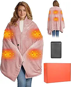 Heated Blanket Battery Operated with Fleece Lining 7.4V 16000mAh Battery 62" x 35" Heated Shawl Wraps for Women Men Cordless USB Outdoor Portable Electric Blanket 6 Heating Zones Rose